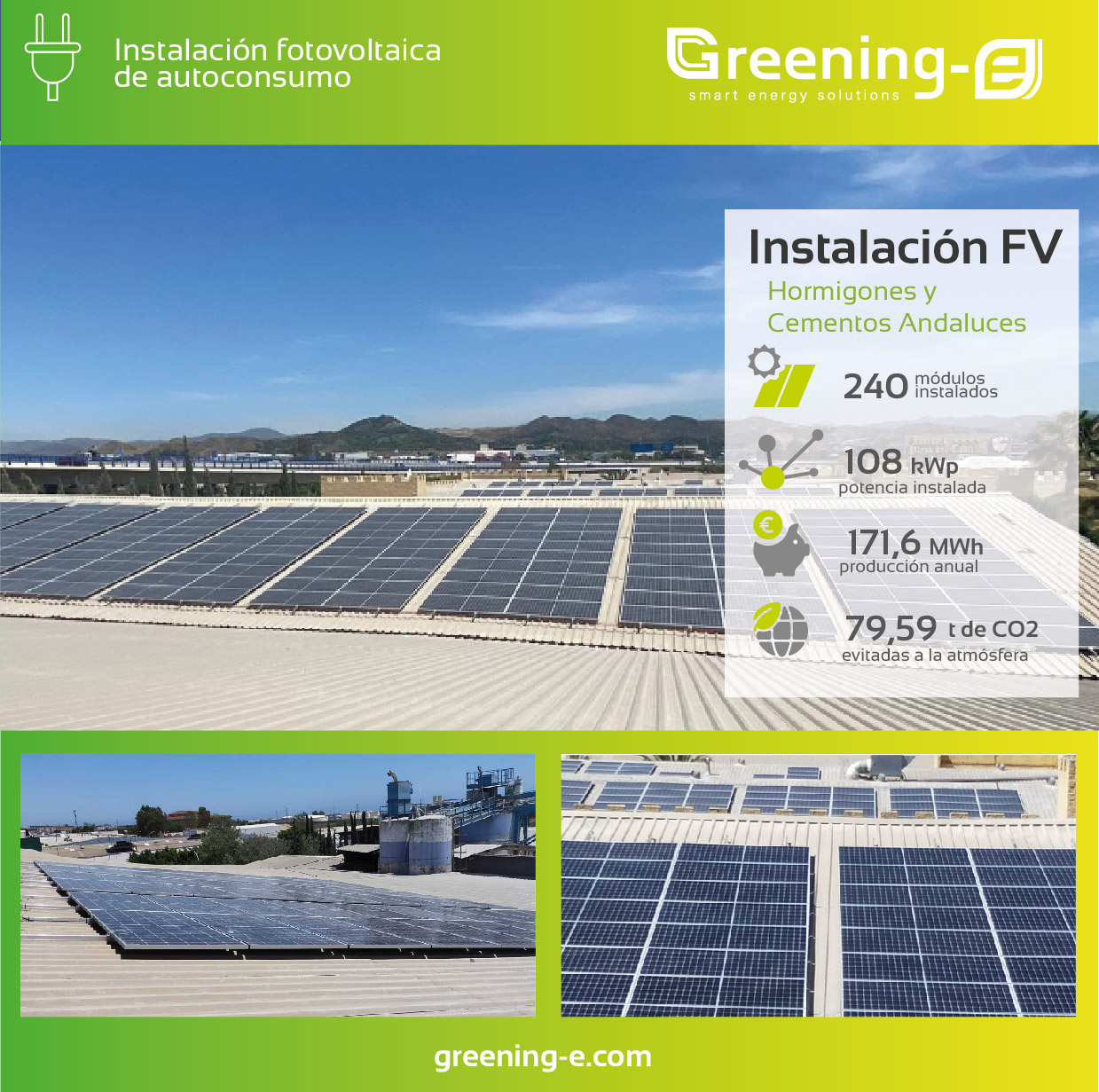 Datos y cifras de la instalación realizada por Greening-e para Hormigones y Cementos Andaluces