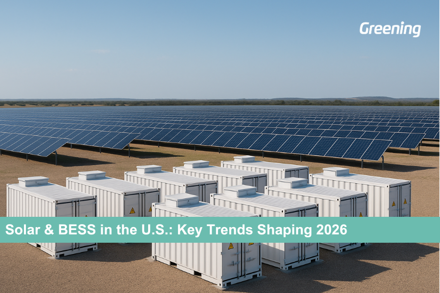 Utility-scale solar power plant with battery energy storage systems (BESS) illustrating key U.S. solar and BESS market trends in 2026.