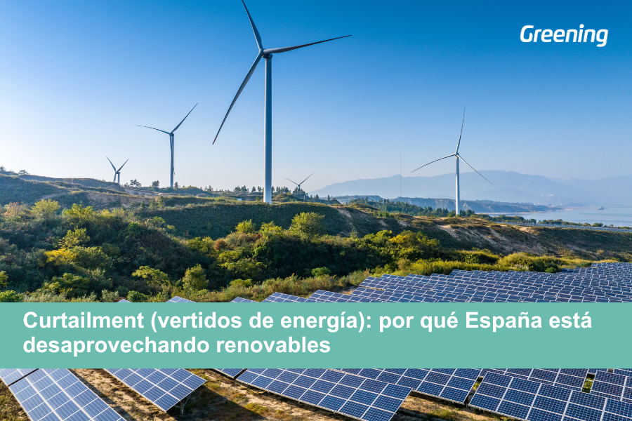 Parque solar y eólico en España representando el exceso de generación renovable y los vertidos de energía en la red eléctrica