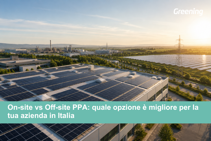Edificio industriale con impianto fotovoltaico sul tetto, parco solare e infrastrutture energetiche al tramonto.