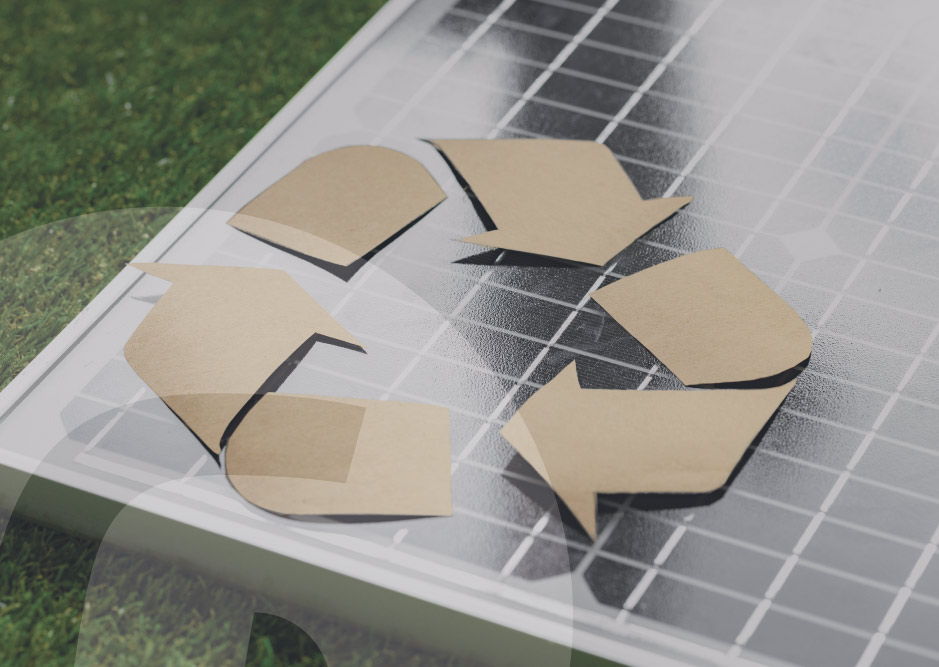 Símbolo de reciclaje sobre un panel solar para representar el reciclaje de paneles solares en España