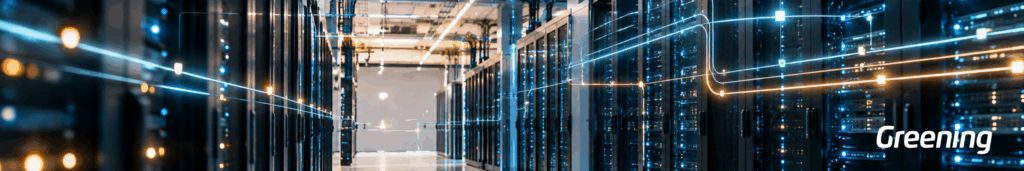 Interior de un data center en España con servidores y visualización del flujo de red y energía
