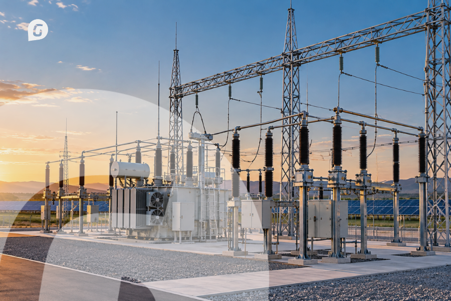 Electrical substation next to a solar energy plant
